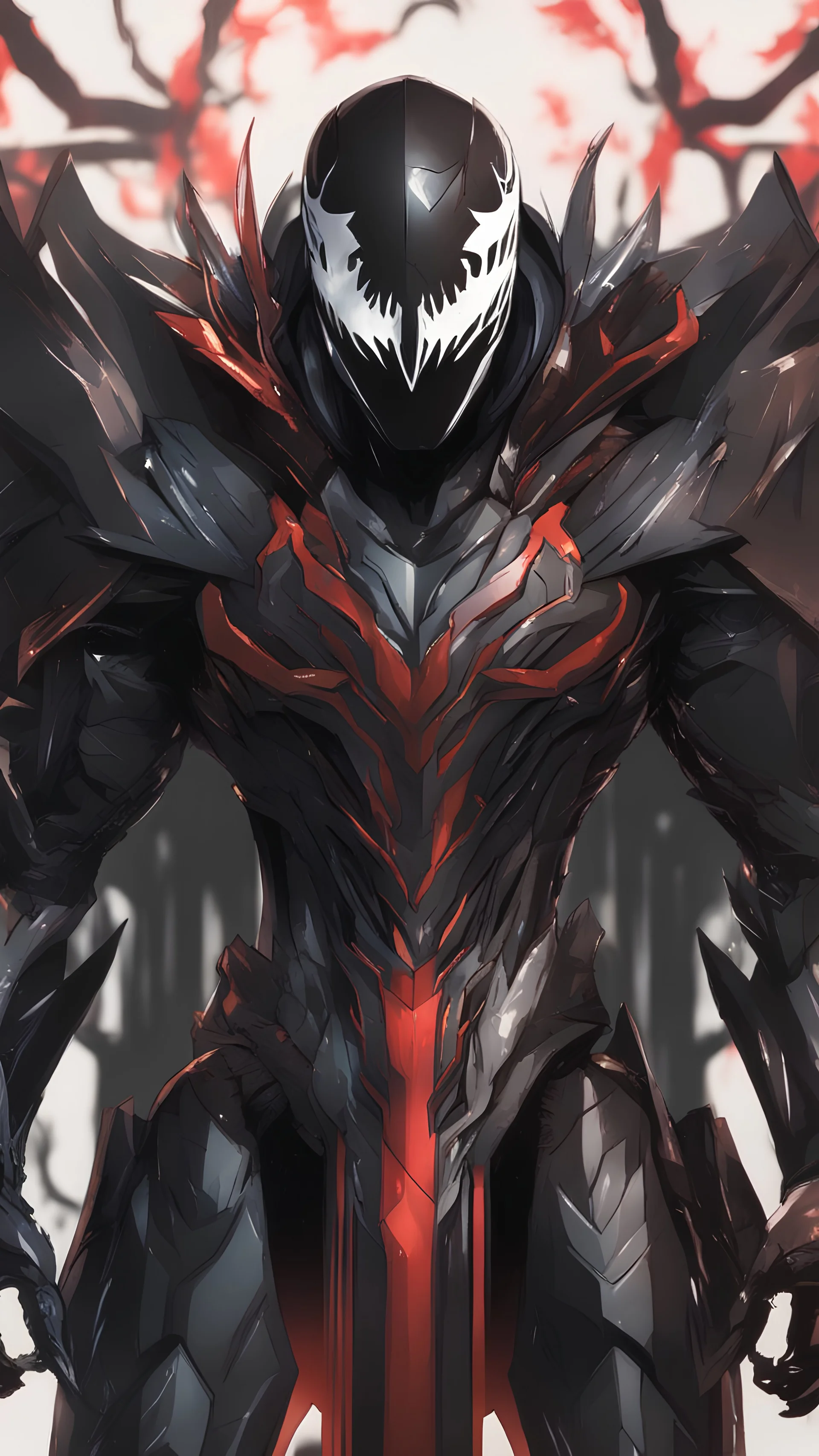 Rainhard suit mix with venom symbiote in solo leveling shadow artstyle, rainhard armor, demon lord them, intricate details, highly detailed, high details