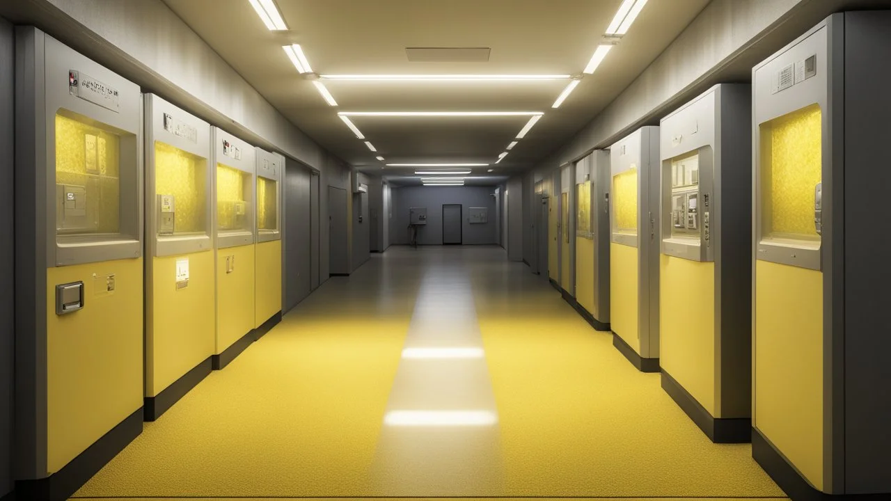 liminal office hallway with worn yellow carpet, repetitive architecture of identical rooms, flickering fluorescent lights, the corridor curves upward impossibly, a glowing vending machine in the distance, silent unsettling atmosphere, backrooms aesthetic, hyper realistic photography, wide angle