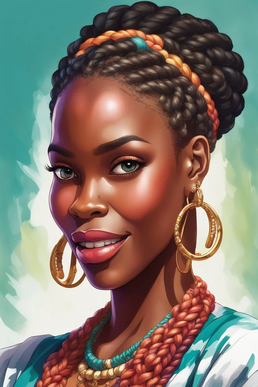 A vibrant digital illustration of a carribean woman with a confident yet playful expression. She is making a gesture by a raised brow. highly detailed two large cornrows. Her large hoop earrings are clearly visible, adding to the bold and expressive character of the artwork. with soft lighting accentuating the details of her face.", ink wash