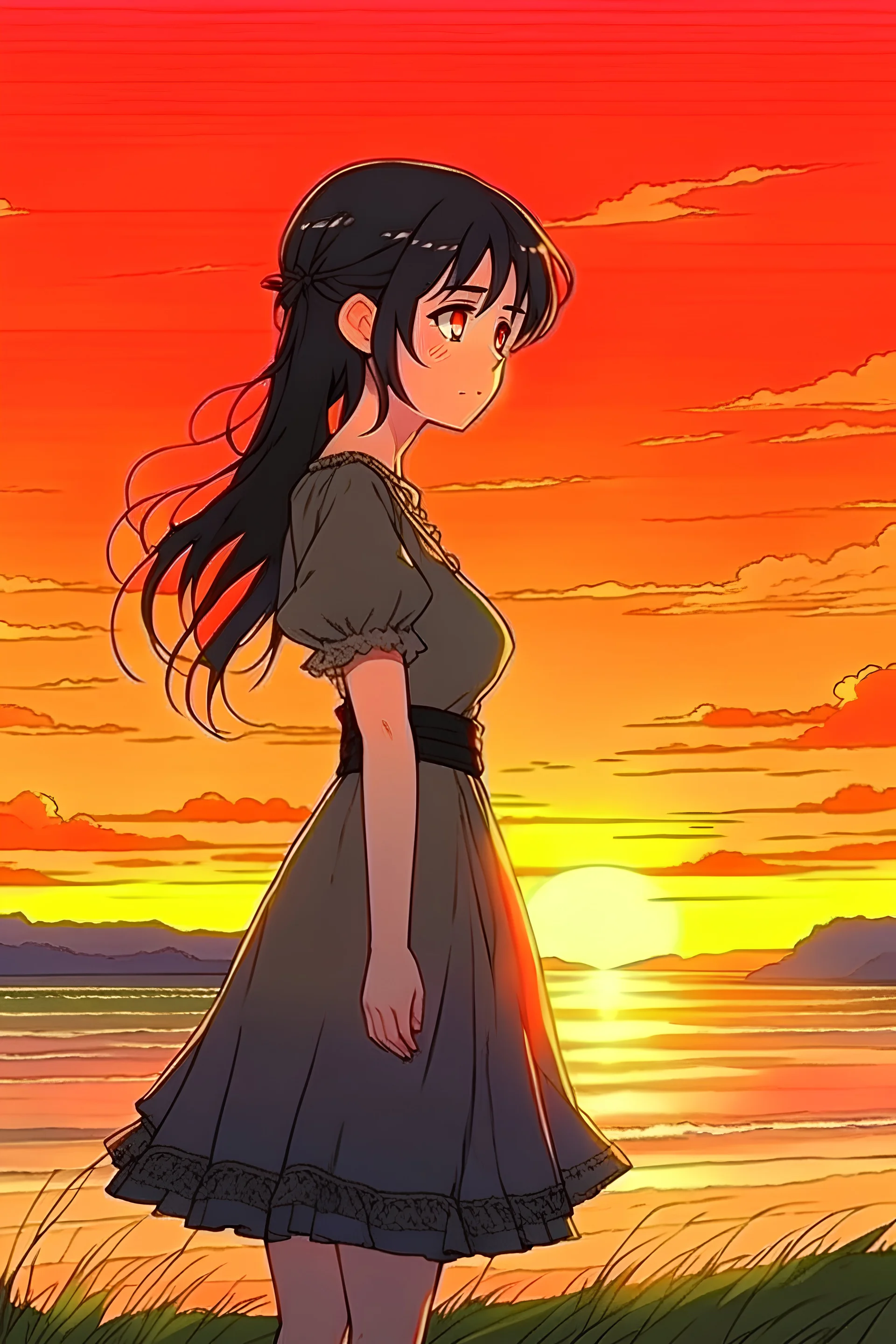 A beautiful mature anime who wears a dress with black hair staring at a sunset by the beach