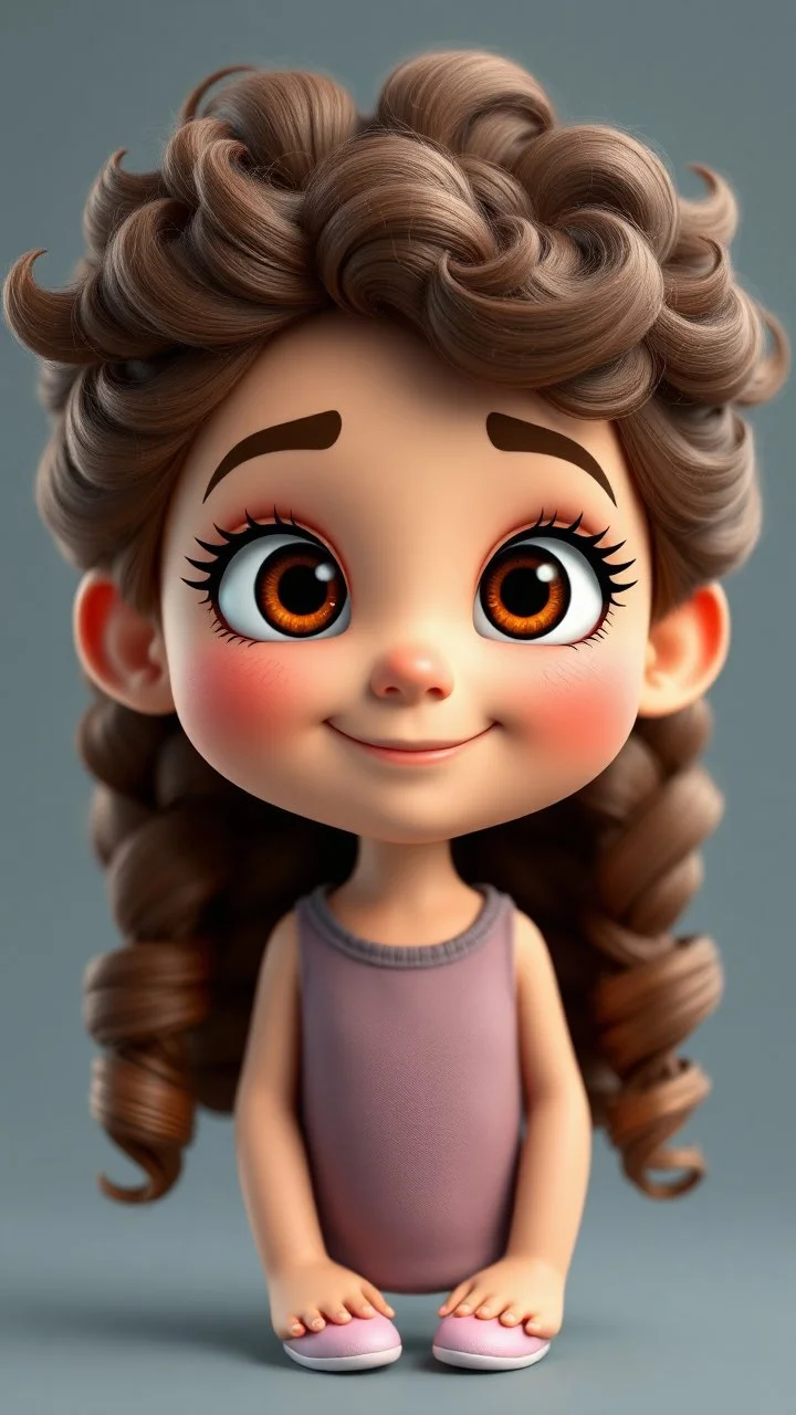 A little cartoon girl in Disney-Pixar animation style. Beautiful exaggerated features, highly expressive and lively face, 3D design with excellent lighting and texture. Curly voluminous hair, a heartwarming smile.