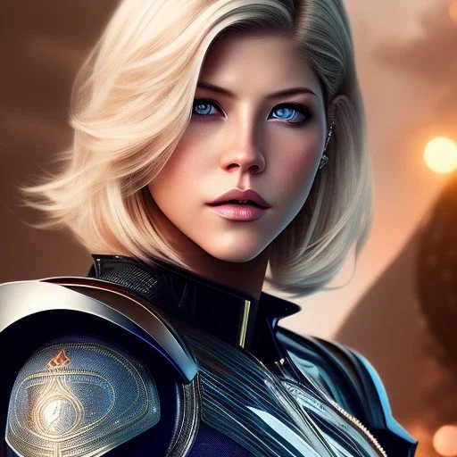 Katheryn Winnick, Cyborg anime warrior, light blonde short hair, pixie hairstyle, cobalt eyes, waist up portrait, 8k resolution, retroanime, intricate details, ornate details, soft lighting, vibrant colors, masterpiece, intricate eyeliner, dark eyeshadow, eyes, intricate tattoos, gradient background