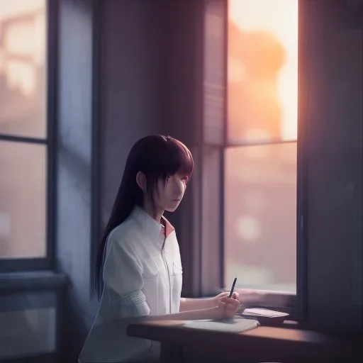 female student studying by the window, anime style, unreal engine 5, sun light, studio lighting --ar 2:1