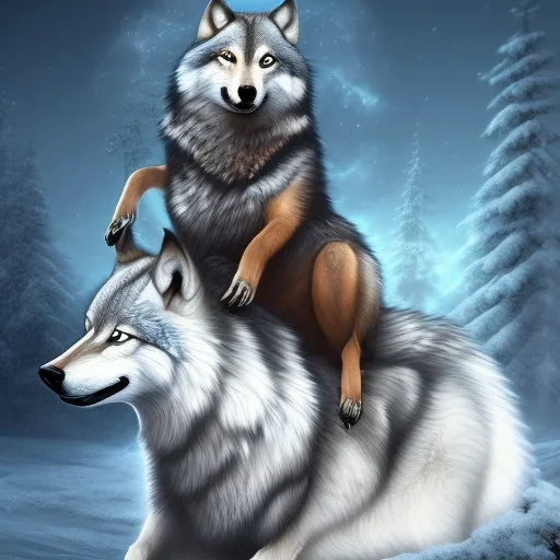 Wolf riding on the back of flying goose