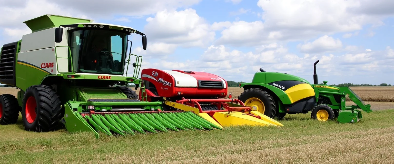 Parked at the edge of a field is a Claas brand Combine(left)seeder(middle) and a John Deere Tractor with seeder(right) simplified