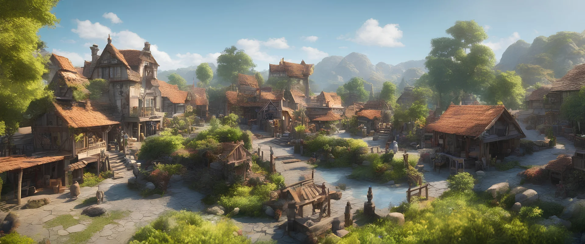 A small town market in a beautiful surreal sunny countryside scene with distant hills, many intricate characterful dwellings (designed by Esher) joined by many walkways & stairways, many paths, waterfalls & a waterwheel : ultra high detail, photorealistic, epic cinematic, 8K, Large depth of field