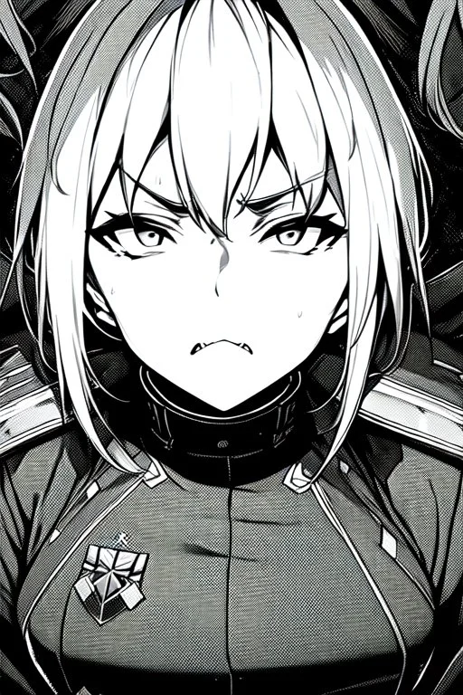 military girl, angry face, close-up, greyscale