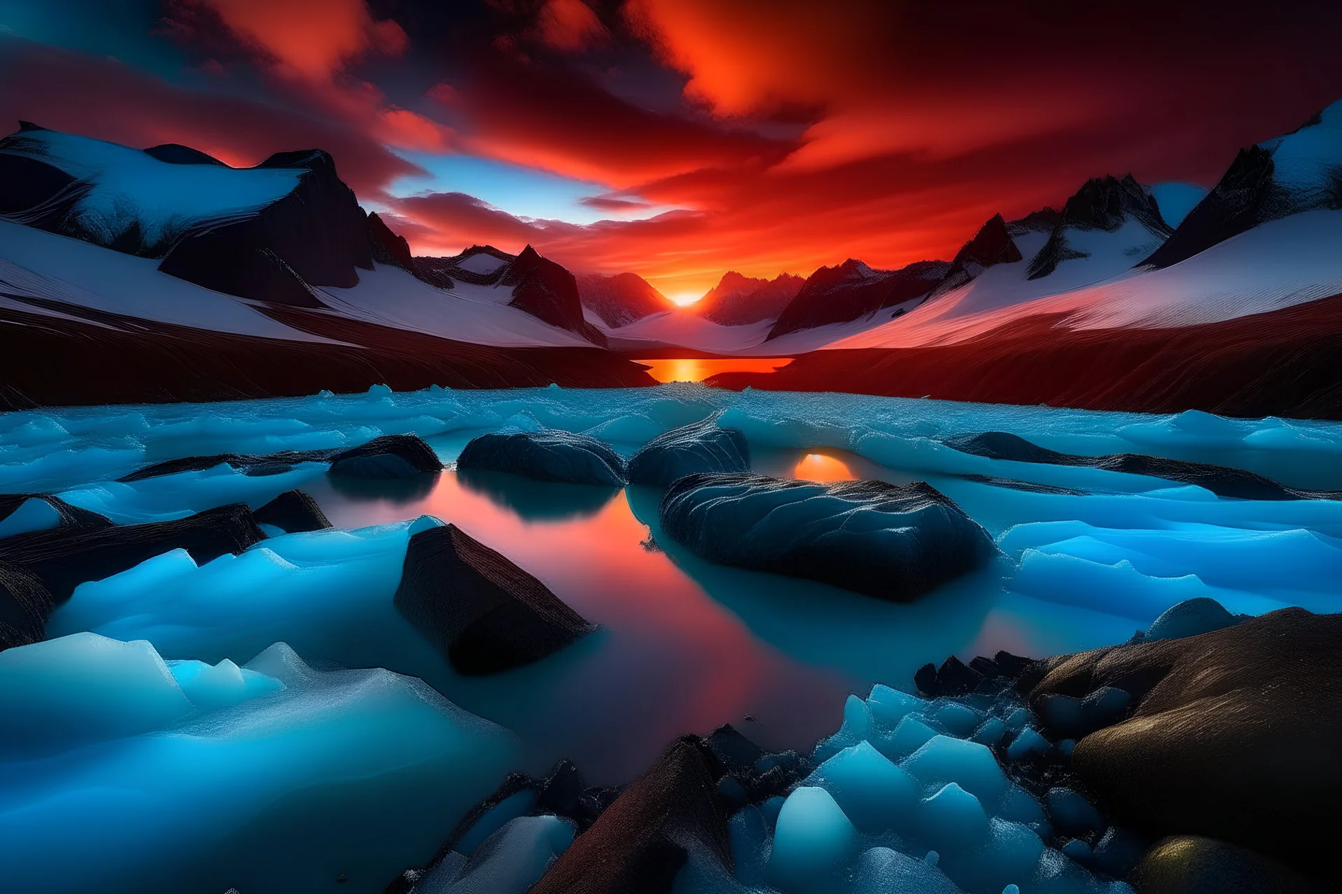 Glacier, landscape photography, expansive, awe-inspiring, breathtaking, vivid colors, dramatic lighting, wide-angle, sharp focus, good exposure, evening,