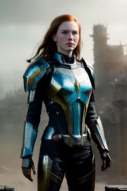 ultrarealistic, concept art, panoramic, ruined city,__intricate fantasy armor__, no star, __angles__, 18 year old woman, strikingly beautiful,ginger hair, _colour_, (pale __skincolor__ skin:1.2), __camera__, long hair, detailed face and eyes, medium breasts, sci-fi theme, freckles, dynamic pose, resolved expression, __accessory__, strappy outfit, (straps:1.1), sword in scabbard on left hip, (buckles, buttons, snaps, rings:1.0), haltertop style breastplate, detailed eyes, plump lips