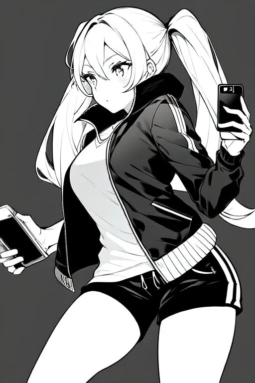 blonde girl with ponytails dressed in a jacket and shorts use cell phone's flashlight to get some light in the dark, greyscale