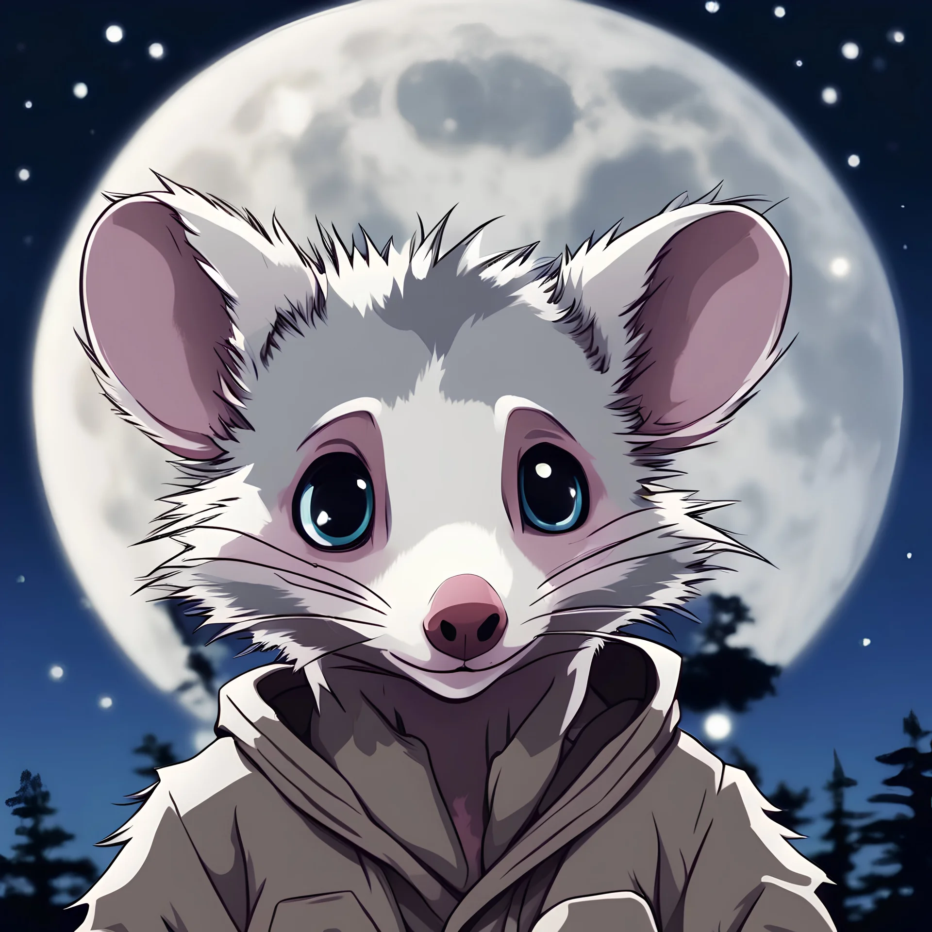 opossum with the cutest eyes, background moon night, in digimon art style