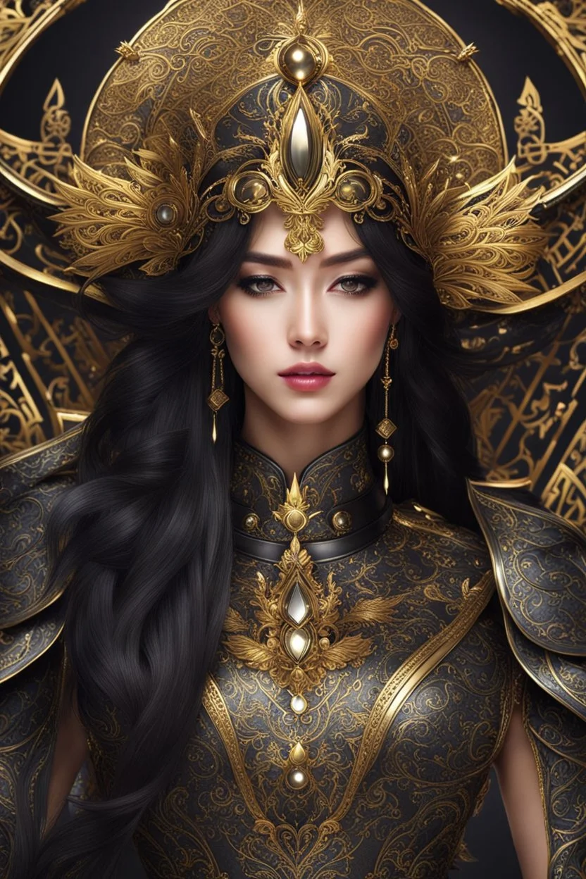 Realistic photography,front_view, (1Queen, looking at viewer), black long hair,traditional dress ornaments mechanical_armor, intricate armor, delicate golden filigree, intricate filigree, black metalic parts, detailed part, dynamic pose, abstrac background, dynamic lighting