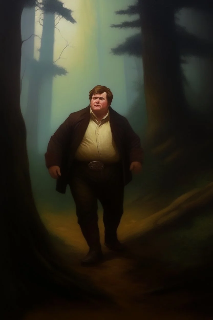 1970's dark fantasy cover dnd style oil painting of obese fat han solo into the woods with minimalist far perspective