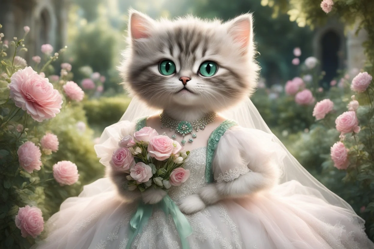 an anthropomorphic, kitten bride happily throwing a bouquet in a beautiful garden. The kitten has fluffy fur in shades of light brown and grey with distinct tabby markings on its face. Its large, expressive eyes are a deep emerald green and it has a small, pink nose. The kitten is wearing embroidered white lace bride dress, tulle, gemstones, pearls, adorning the hem and bodice. Behind her, a celebrating crowd, cats and people dressed in elegant clothes, wedding food and cake on the tables. Behin