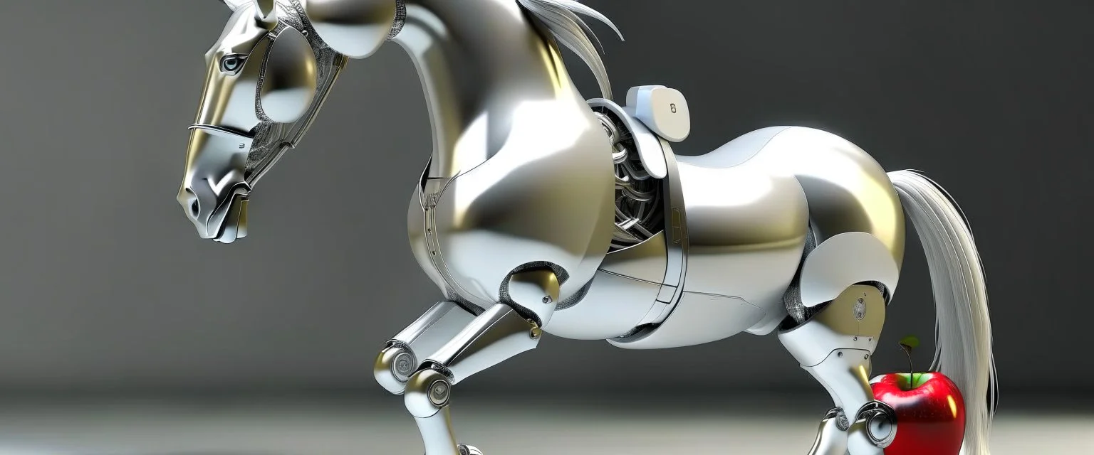 A robotic horse with an Apple logo called “iBots”, suggesting it’s made from an Apple product’s casing. Its glossy white and silver limbs are mechanically jointed, reflecting a scarabet’s anatomy. The design is a creative fusion of technology and organic form, compactly labeled “ibots.” Hyper detailled, hyper realistic, 4K, sharp render