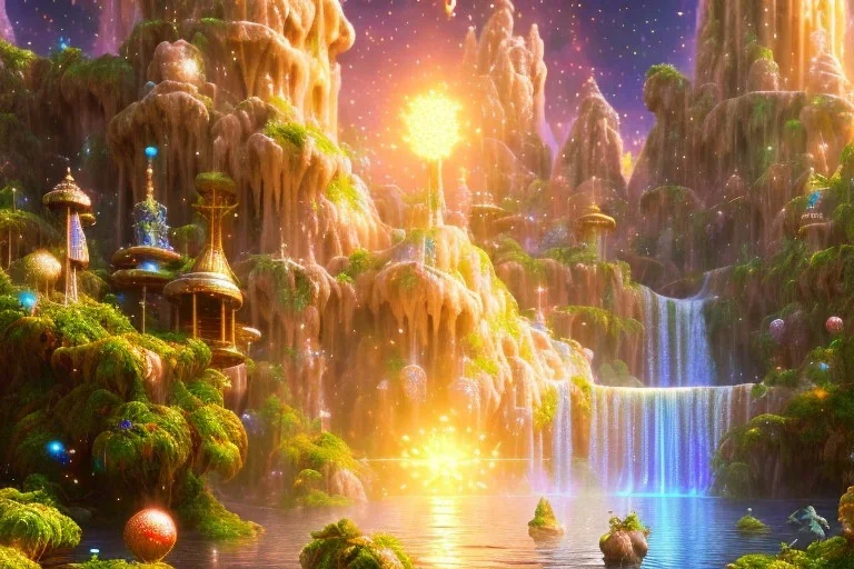  white and gold crystal cosmic background，waterfall, full of details, smooth, bright sunshine，soft light atmosphere, light effect，vaporwave colorful, concept art, smooth, extremely sharp detail, finely tuned detail, ultra high definition, 8 k, unreal engine 5, ultra sharp focus