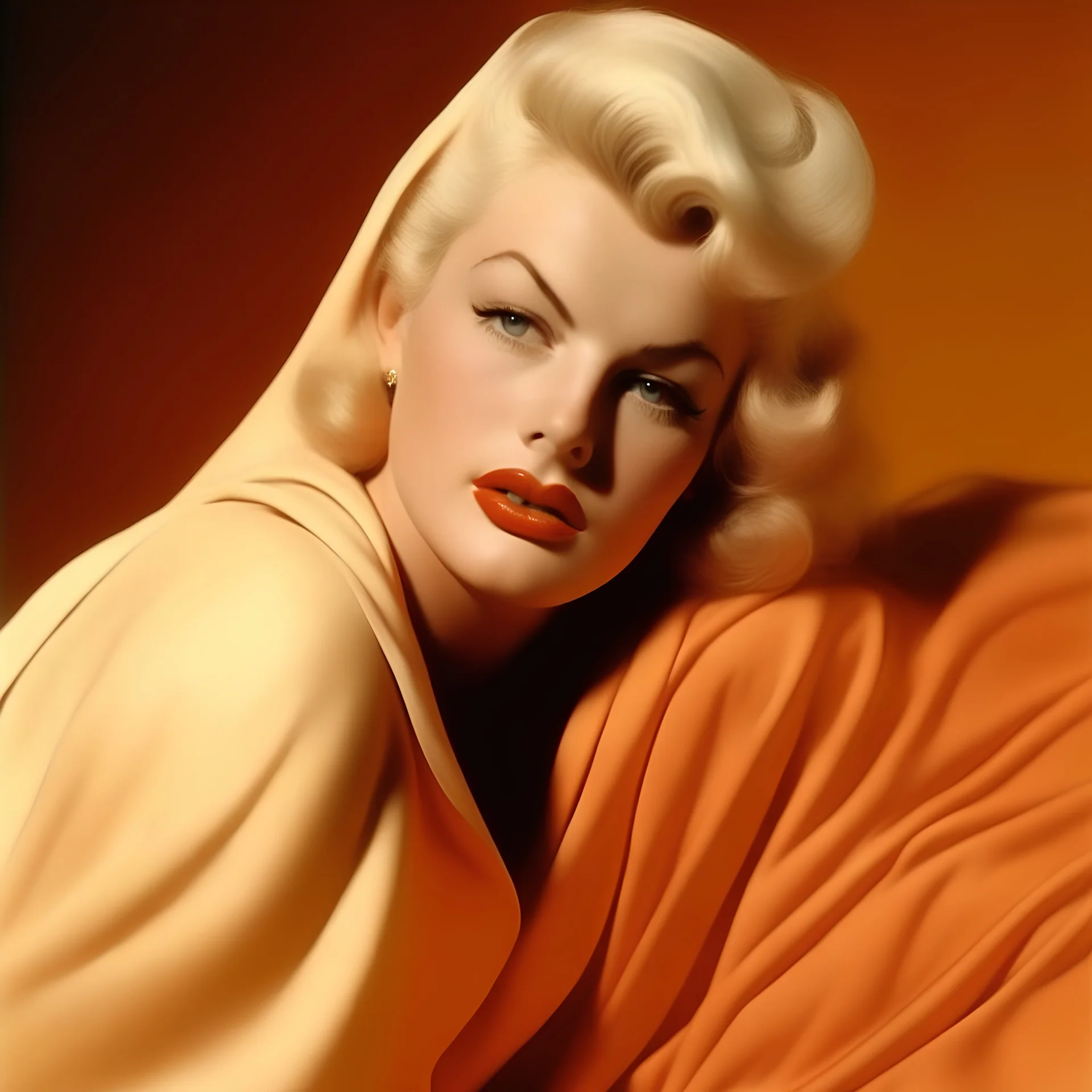 A photograph of jayne mansfield, eyes half closed, with bed hair, melancholy, no make up, in the style of milton greene, pale orange silk scarf around her shoulders,beige bacground