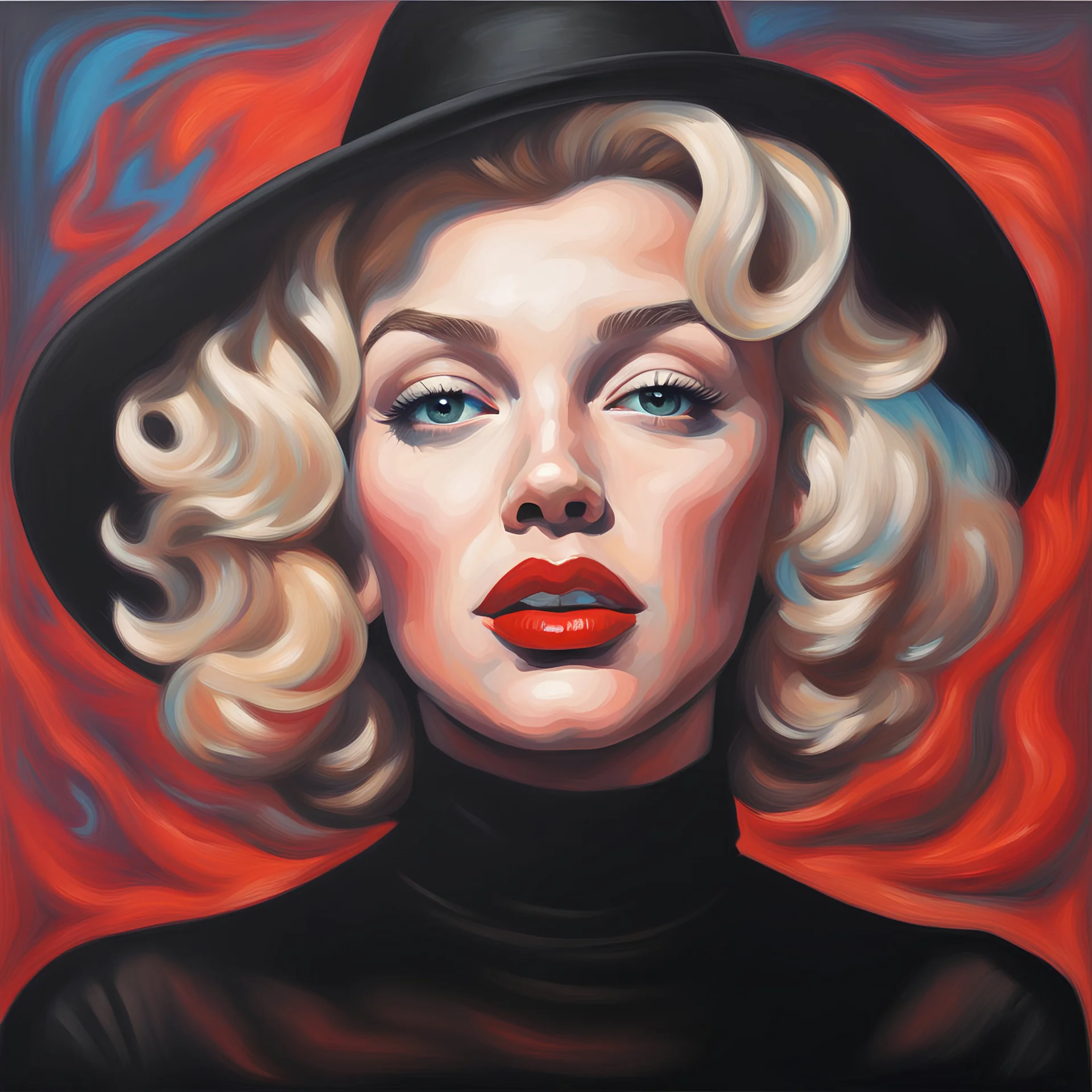 psychedelic oil painting of body marilyn monroe, a blonde woman with short, wavy hair, is the focal point of the image. she's dressed in a dark brown turtleneck sweater, paired with a black hat and a black suit jacket. her lips are a vibrant red, and her eyes are a deep brown. her hair, a light shade of blonde, is styled in loose waves, adding a touch of whimsy to her appearance. in the background, a man with a black hat and a white shirt is visible..,bokeh like f/0.8, tilt-shift lens 8k, high d