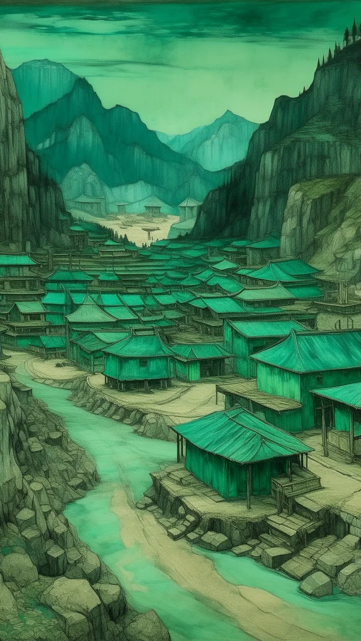 A greenish blue underground mine with a village painted by Cai Jia