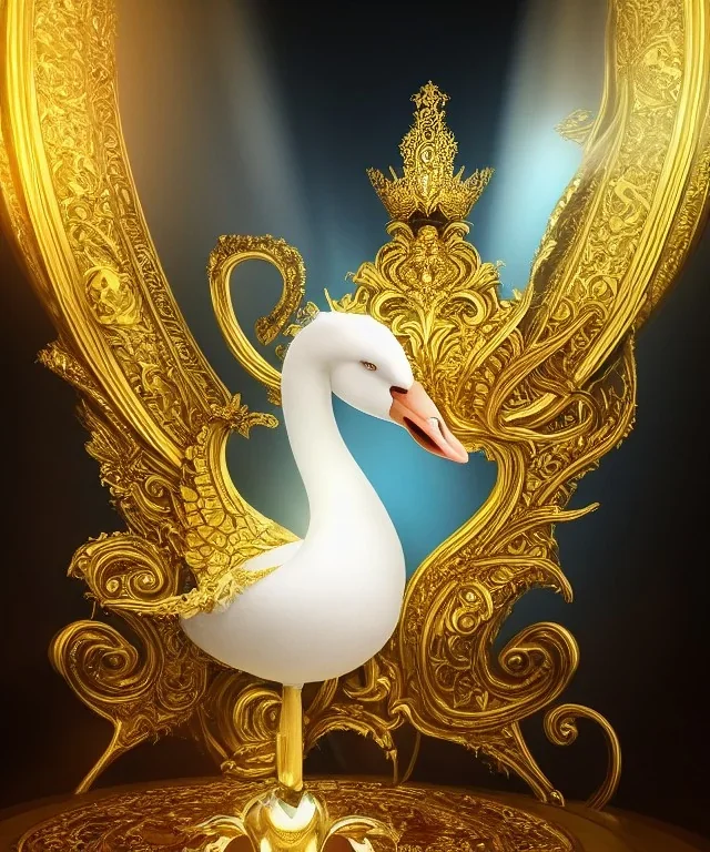 portrait of majestic, proud white goose with a gold crown, sitting in castle, 8k resolution, high-quality, fine-detail, intricate, digital art, detailed matte, volumetric lighting, illustration, 3D octane render, brian froud, howard lyon, selina french, anna dittmann, annie stokes, lisa parker, greg rutowski