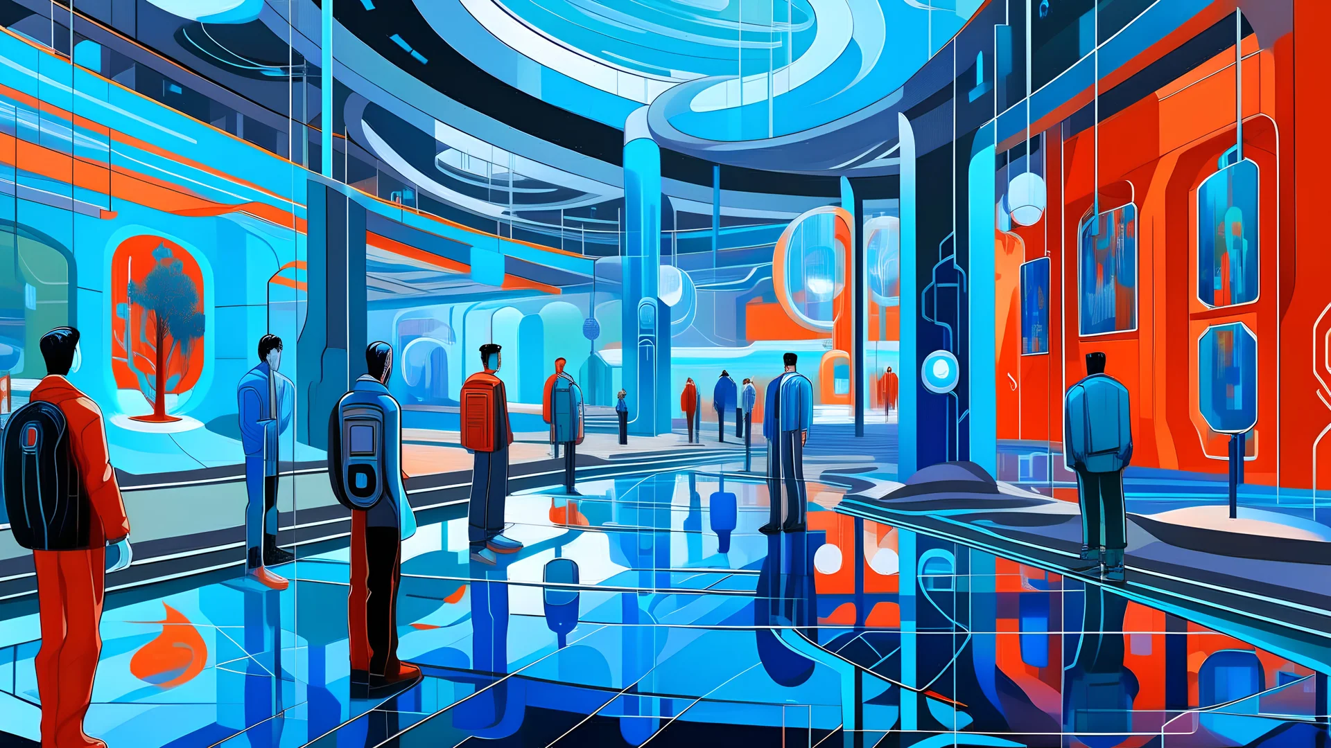 A digital painting by Kuniyoshi and Matisse of tech-people walking inside a futuristic matrix world.