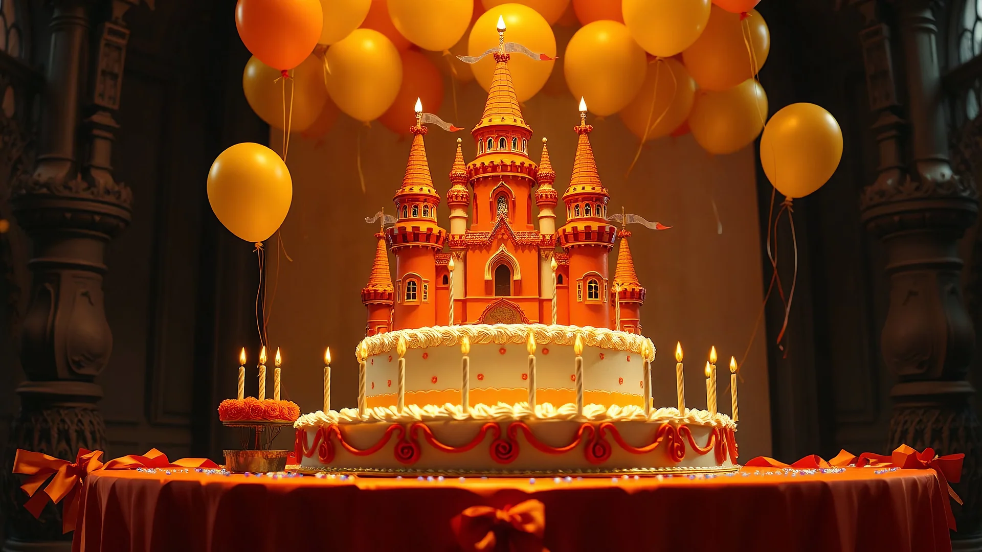 grand castle birthday cake on table in castle, orange, yellow, balloons, 8k, high quality, trending art, trending on artstation, sharp focus, studio photo, intricate details, highly detailed, by tim burton