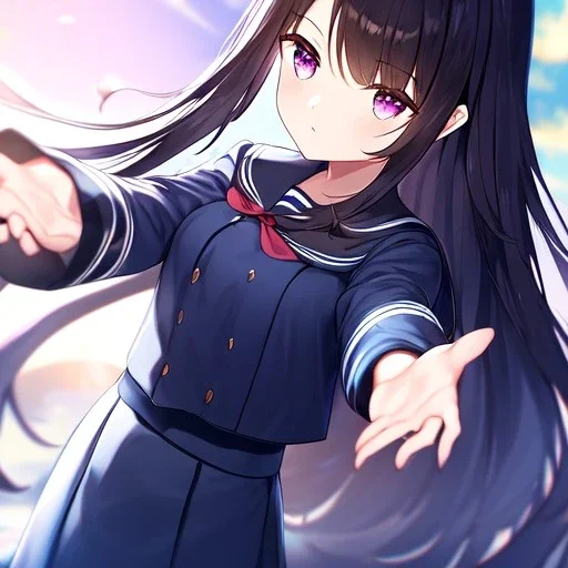 Clear focus,High resolution, Black long straight hair, and purple eyes, wearing a Sailor uniform, Hands reaching out to you