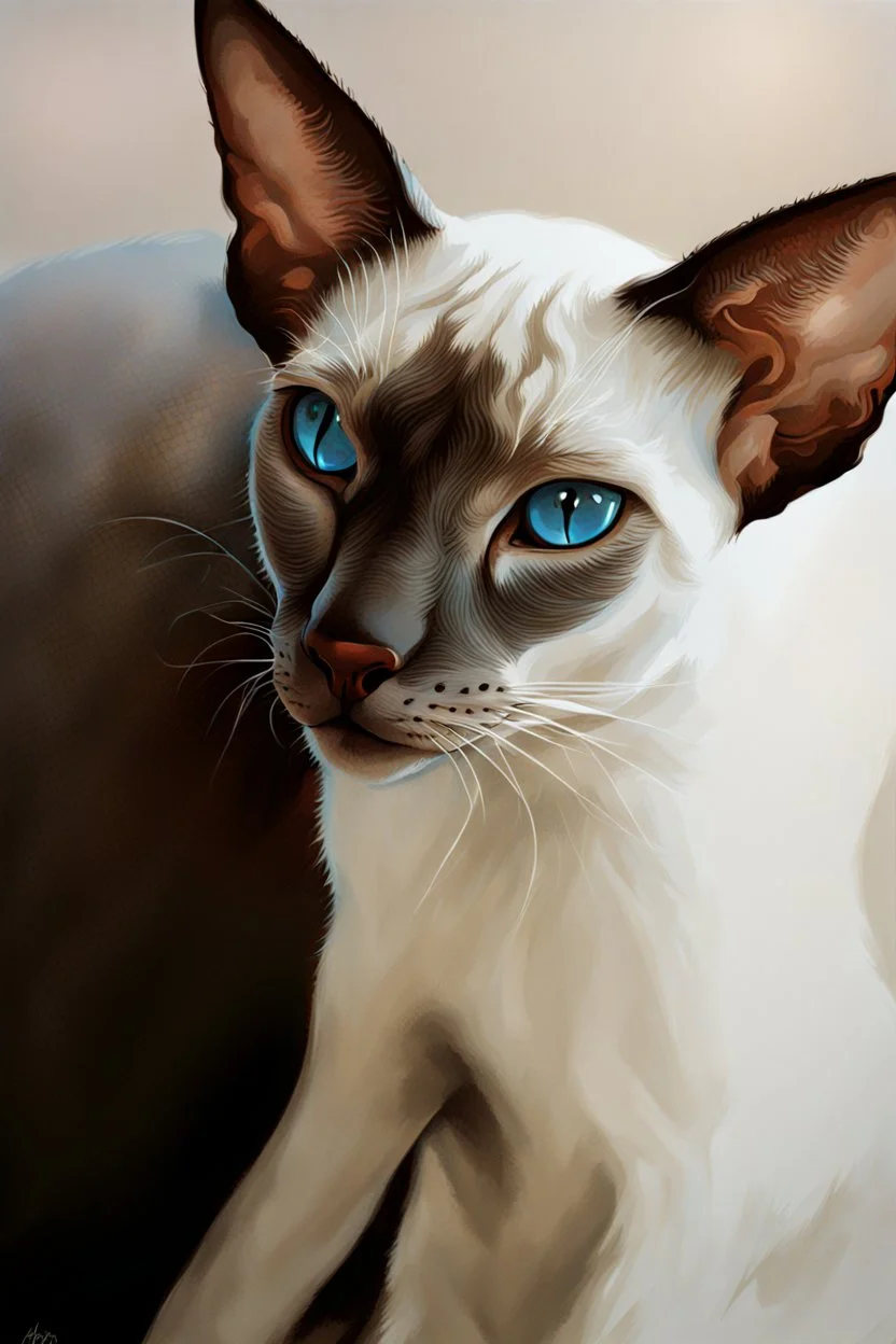 art by Boris Kostygov, intricate detailed Sphynx siamese cat with blue eyes