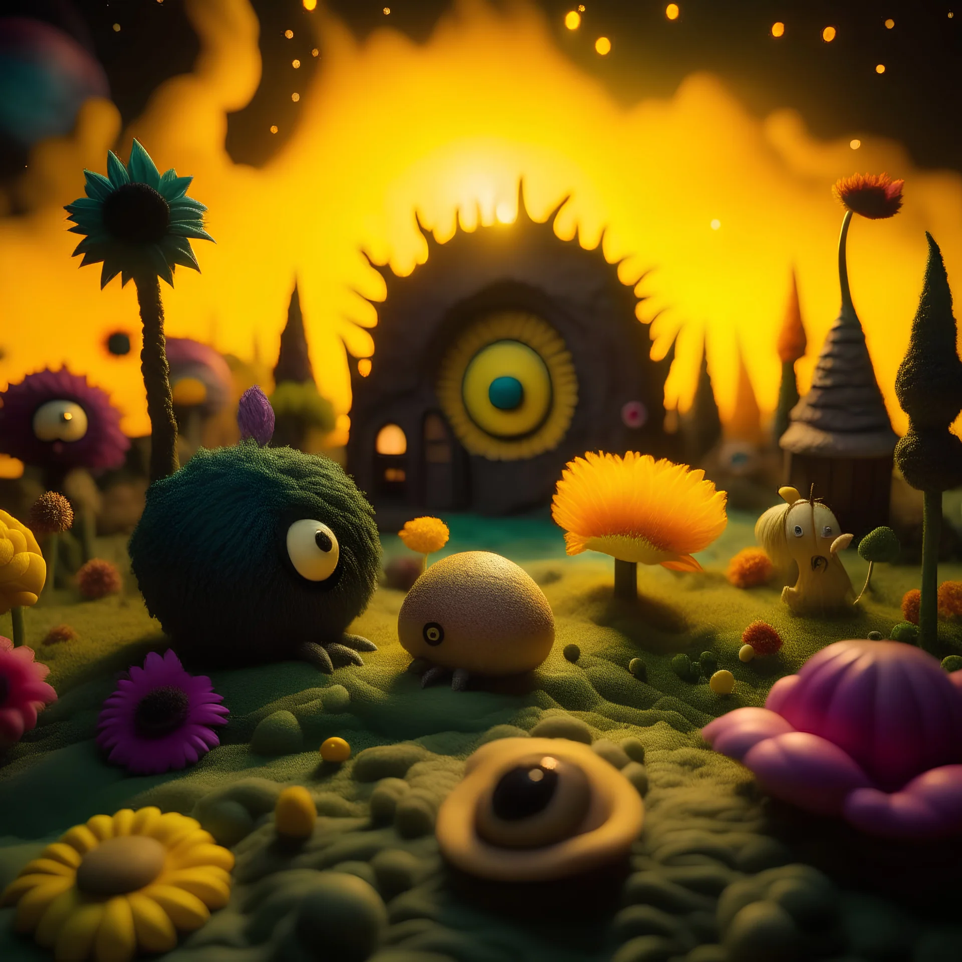 Detailed creepy landscape made of felt, naïve, vintage toys, sun, splops, volumetric light, giant flowers, naïve, Tim Burton, strong texture, orero dream, extreme detail, Max Ernst, decal, rich moody colors, sparkles, Harry Potter, bokeh, odd