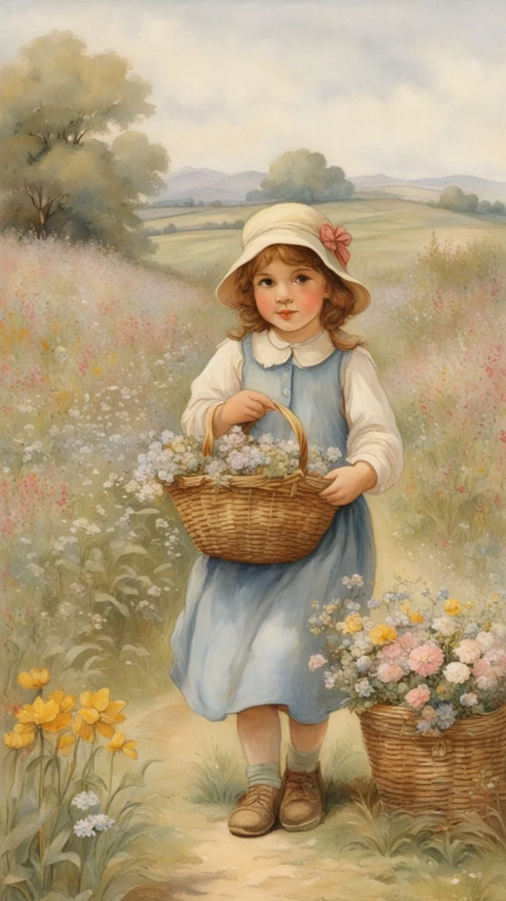 a painting of a little girl holding a basket of flowers, by Cicely Mary Barker, inspired by Cicely Mary Barker, may gibbs, by Beatrix Potter, by Celia Frances Bedford, by Rosalie Emslie, style of beatrix potter, girl in a flower field, girl in flowers, by Kate Greenaway, classic children's illustration