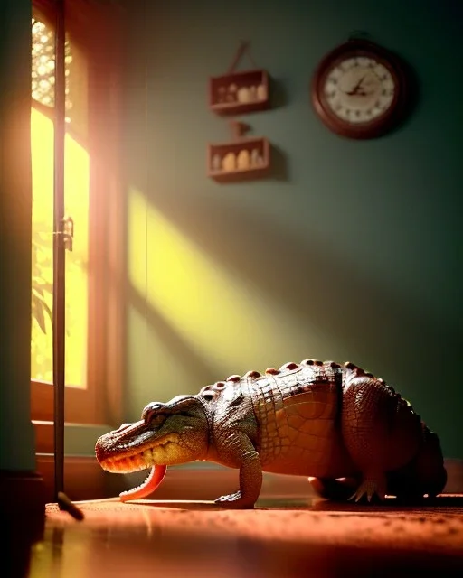 Room scene with alligator sleeping, Wes Anderson styler, realistic image, concept art, smooth, unreal engine 5, god lights, ray tracing, RTX, lumen lighting, ultra detail, volumetric lighting, 3d.