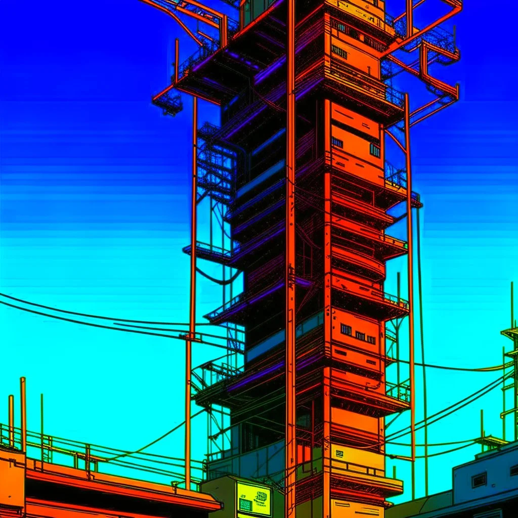cyberpunk retro futuristic for comics really tall from far away
