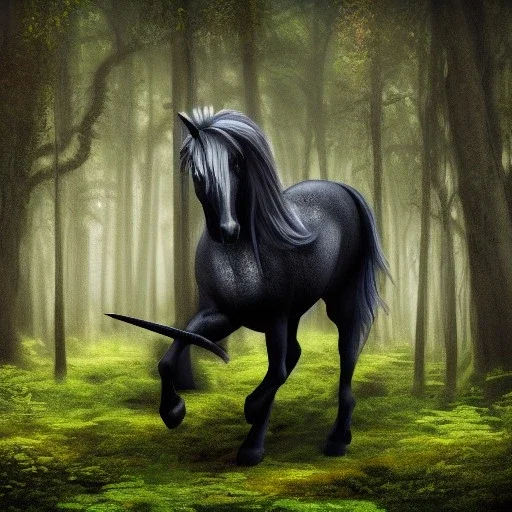 fantasy art, Photorealistic, 8k, black unicorn, forest