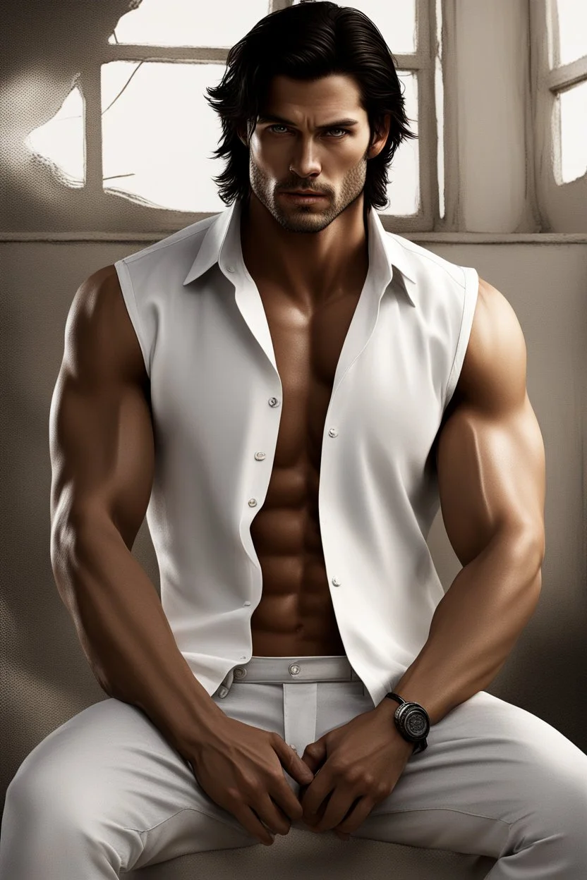 Ultra realistic photograph of muscular male in white button up shirt, dark hair cut short and stubble on chin, dark fantasy house