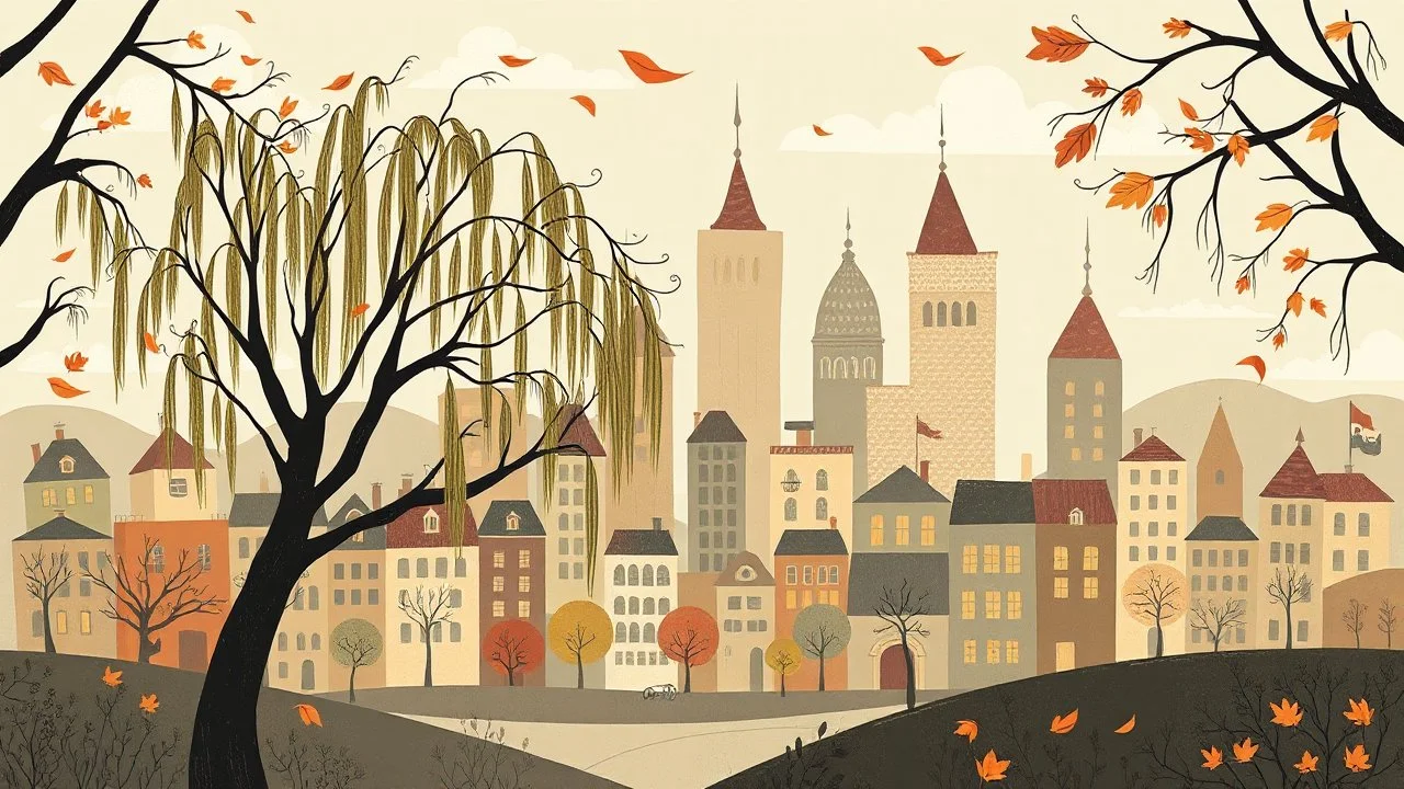 Whimsical muted colored illustration of a whimsical cityscape with weeping willows and windblown autumn leaves