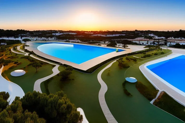 Sunset algarve in quinta do lago, one straight line building of 250 meters long modern luxury architecture with pool on rooftop, with green roofs and sun loungers next to pool, overlooking a tennis sport facility surrounded by pine trees, on a slope with pinus pinea, a wrap around road for low speed cars