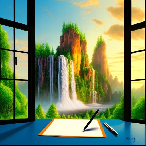 desk, parquet, sheet of paper, little pen, in front of a huge picture window with large view on a waterfall with warm light, sunset ,pixar style, panorama, nature, globe, HD, Hallelujah mountains