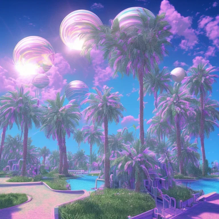 1980's aesthetic vaporwave palm trees with spheres and waves