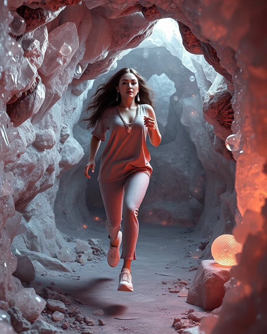 make a picture pretty crystal cave covered with jwells and 3d recursive cubic and sphere base pearls and Gemstone species, a beautiful goddess lady with curvy hair,makeup, in pretty modern today pants and loose shirt with jewels and sport shoes is running inside cave ,dynamic camera fallow her inside cave capturing full body, dynamic lights.