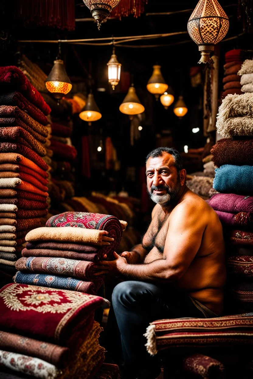 close up photography of a burly Robust 40-year-old Turk in Istanbul bazaar, shirtless, selling carpets sitting on a pile of carpets, biig shoulders, manly chest, very hairy, side light,