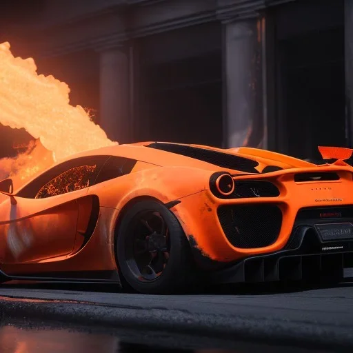 photo of a ultra realistic,set in fire modified hyper car, cinematic lighting, battered, low angle, trending on artstation, 4k, hyper realistic, focused, extreme details, unreal engine 5, cinematic, masterpiece