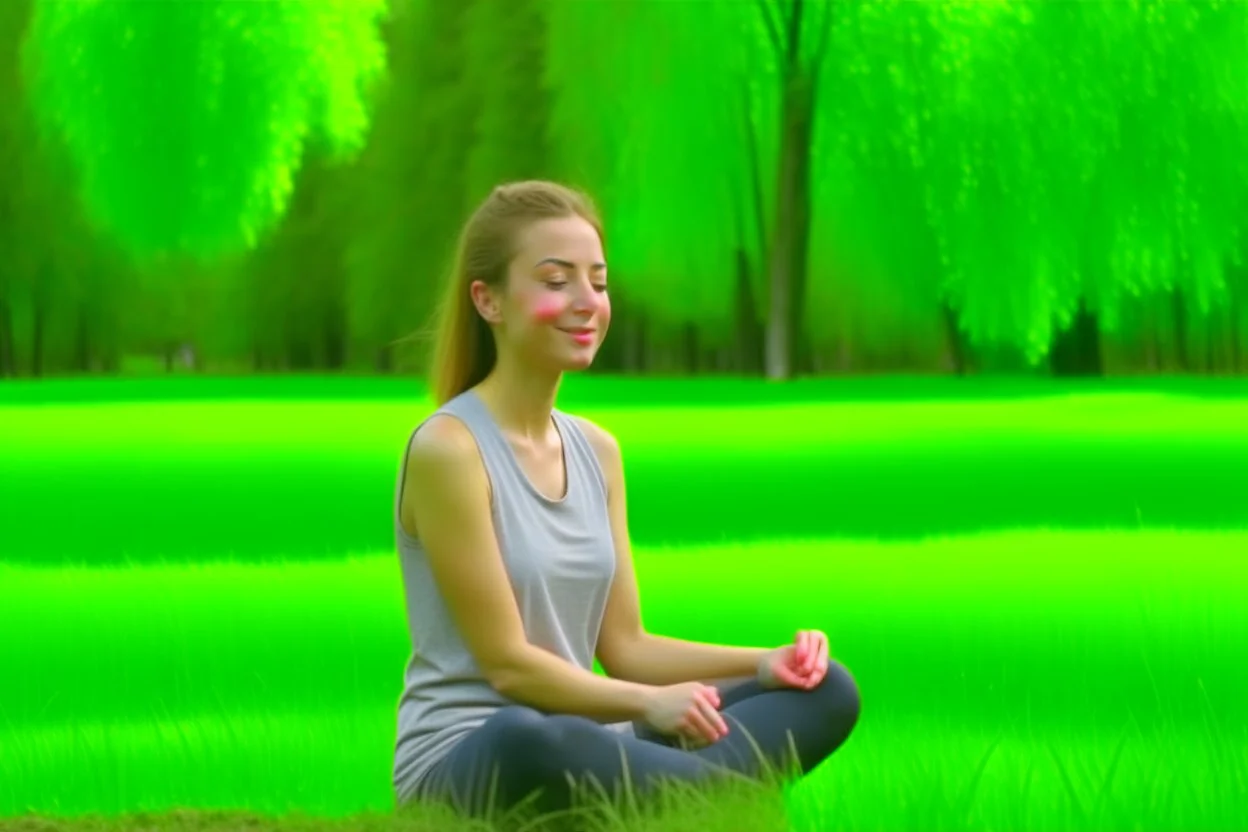 "A person smiles and feels contentment and serenity while practicing meditation in nature. They may be sitting on the grass or by a tranquil lake, placing their hands on their knees, and blissfully closing their eyes 4K