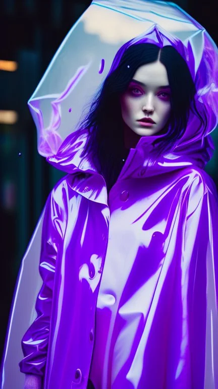 painting by koson ohara and marta bevacqua, portrait of a beautiful goth woman with long black hair, wearing a plastic raincoat, purple neon lighting, 8k, high quality, highly detailed