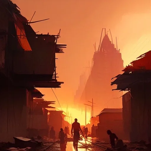 slums, hill, sunny, big, on fire, 8k resolution concept art portrait by Greg Rutkowski,