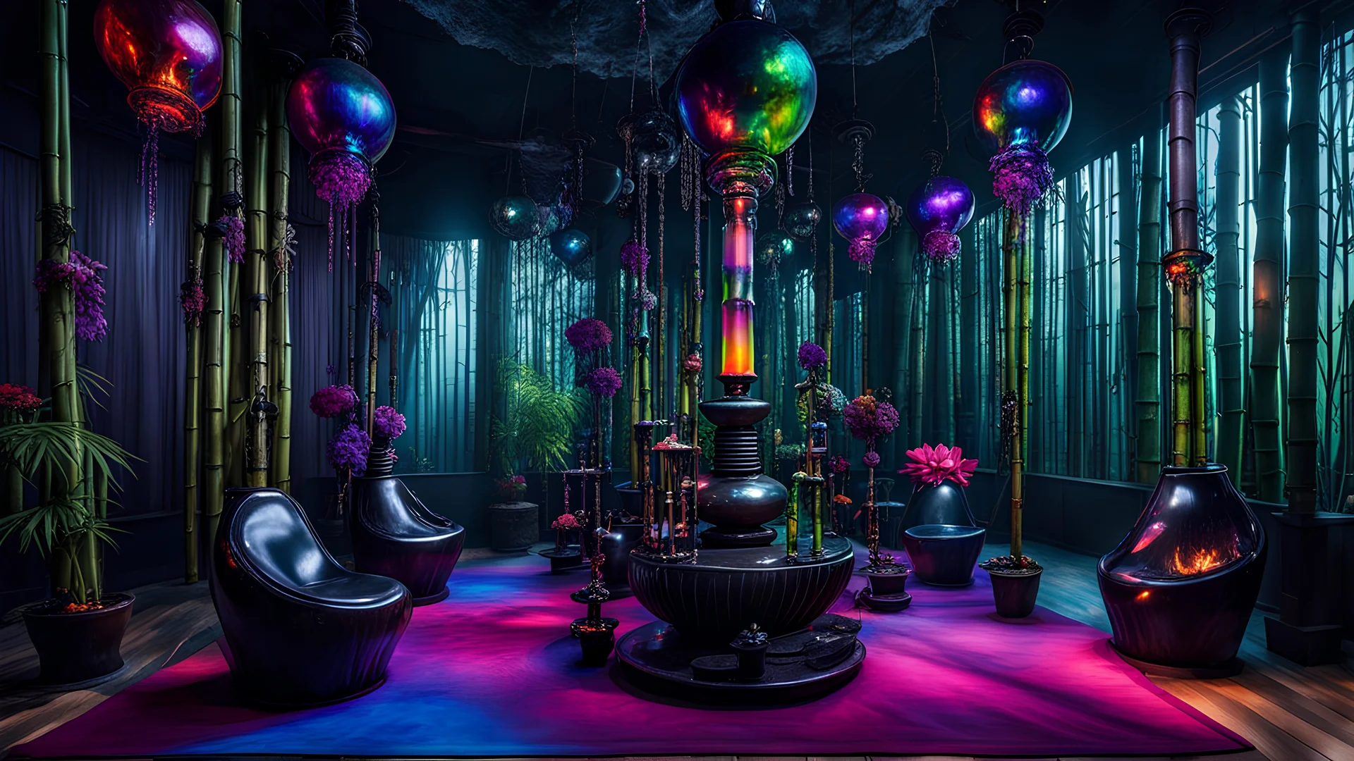 full-body shot of an insatiably evil black opal iridescent pearlescent dark witchy bamboo island hookah room with large blown glass hookah pipes, dark stone chairs hanging from ceiling, flowers hanging from marble bamboo columns, colorful macabre, Dariusz Zawadzki art style, liminal spaces, horror art, dark gaming background, wet, glossy, horror art, trypophobia, eerie, intricate details, HDR, beautifully shot, hyperrealistic, sharp focus, back lit, 64 megapixels, perfect composition, high cont