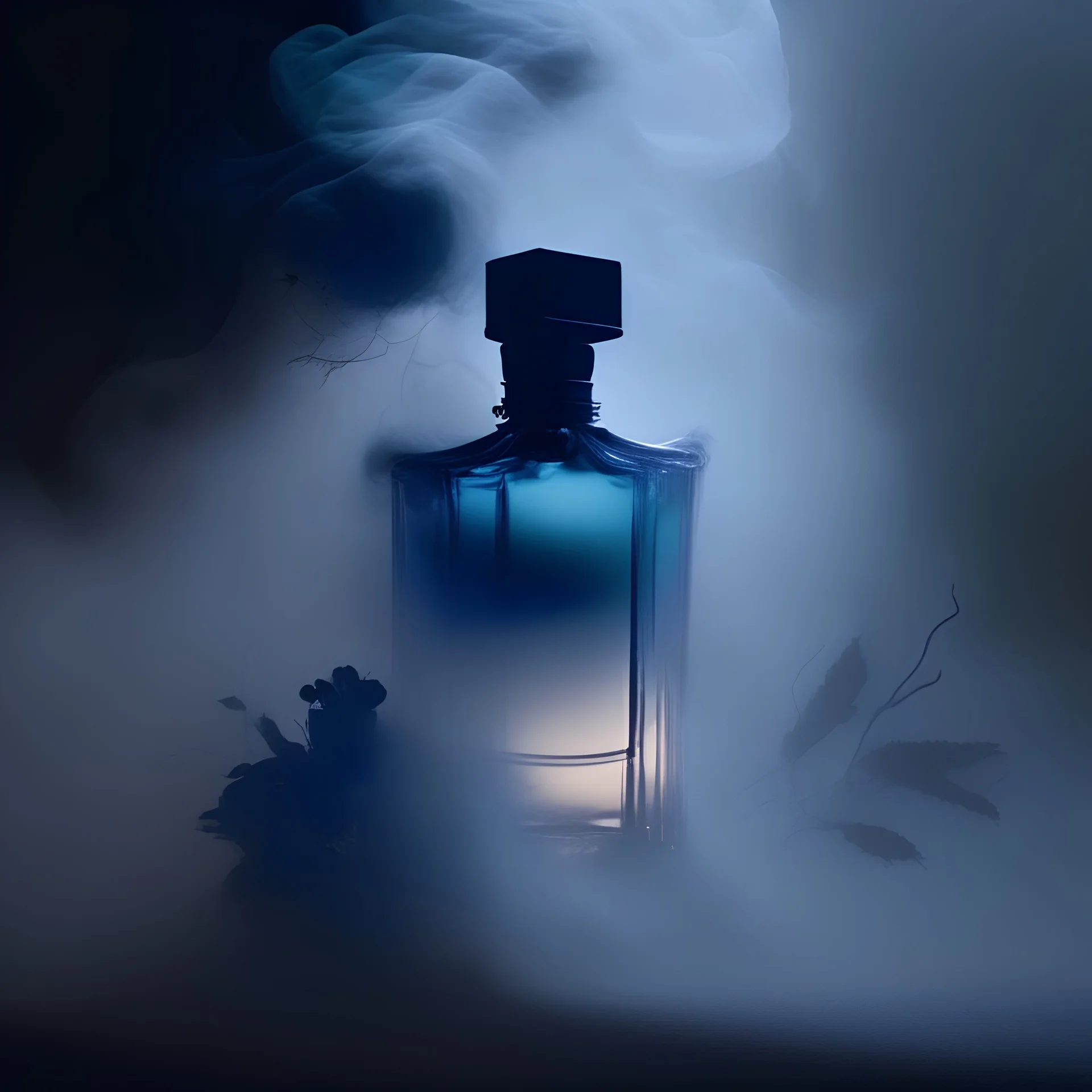 generate me an aesthetic photo of perfumes for Foggy Mystique: Integrate fog for a mysterious and moody atmosphere.