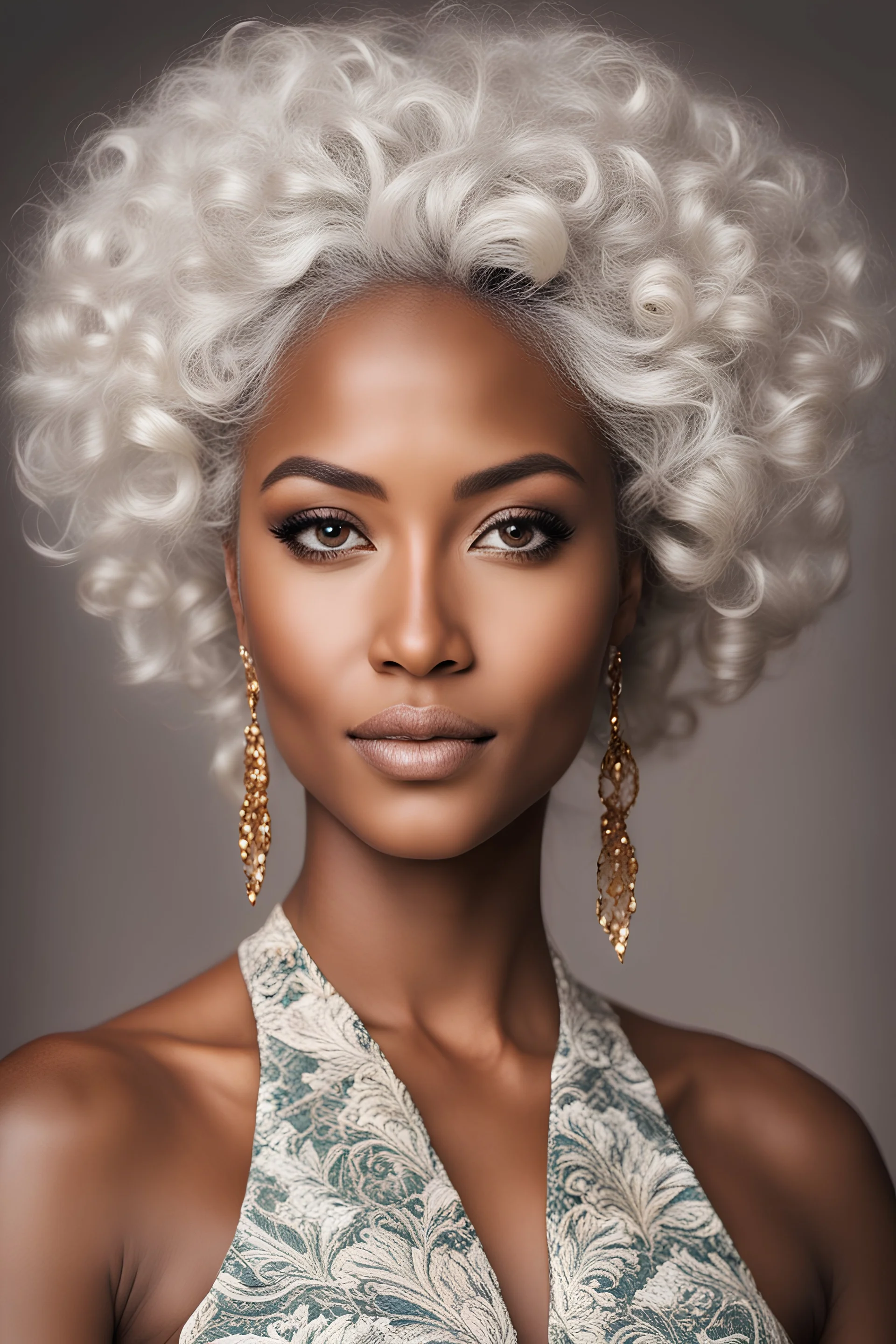 frontal portrait of beautiful woman with prominent cheekbones, rounder face exotic look, 28 years young with caramel skin tone, white hair and grey eyes, Brazil, Simone missick Taveeta Szymanowicz