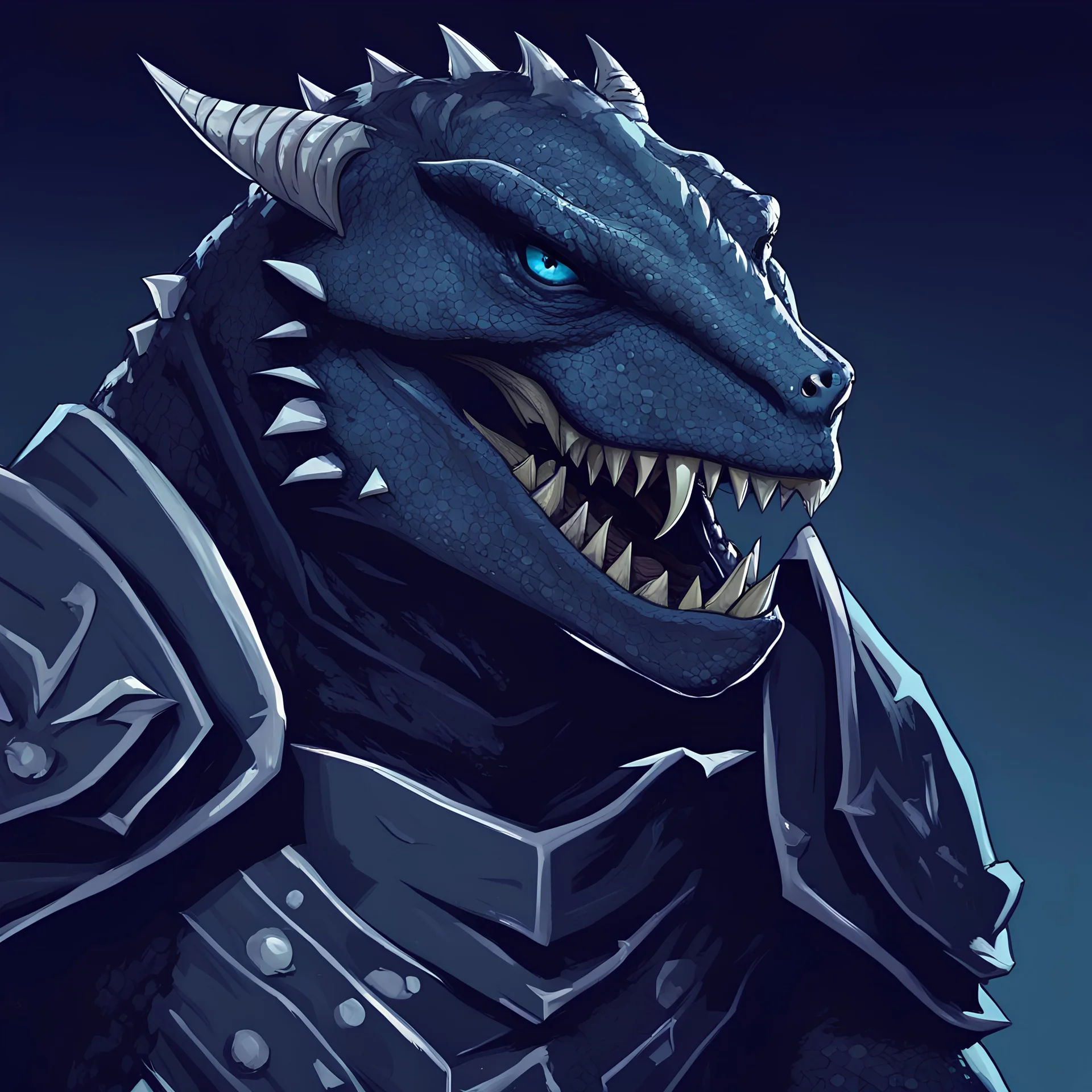 Argonian male with black scales with white-blue lightning-like markings and azure eyes and many small sharp horns wearing dark armor, evil and psychotic with a fanged grin, best quality, masterpiece, in flat design art style