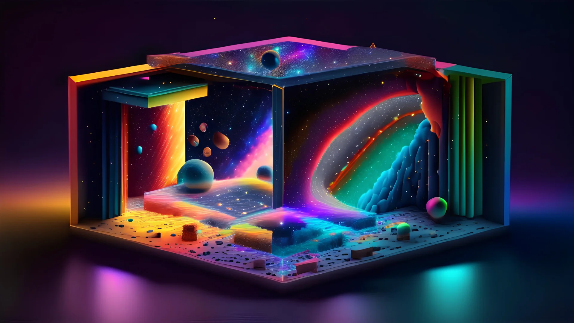 Hyperdetailed hyperrealistic isometric model of the universe rainbow colored 5d AI CRATED infograhphic diorama of the universe led lighting