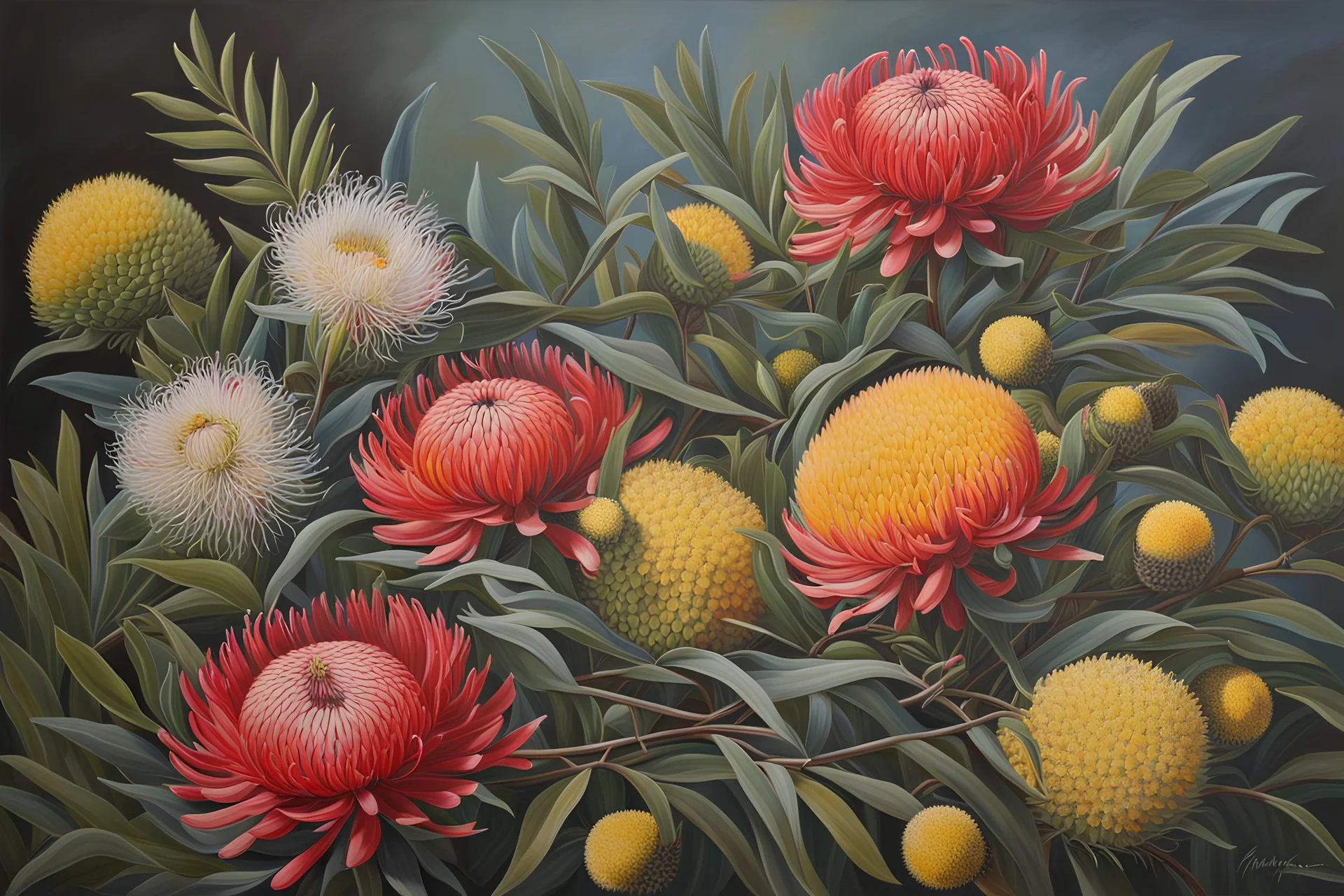 Still life Beautiful Australian wildflowers like waratah, banksia and wattle, in the style of Fiona Craig, photo realistic acrylic, professional award winning masterpiece, detailed,